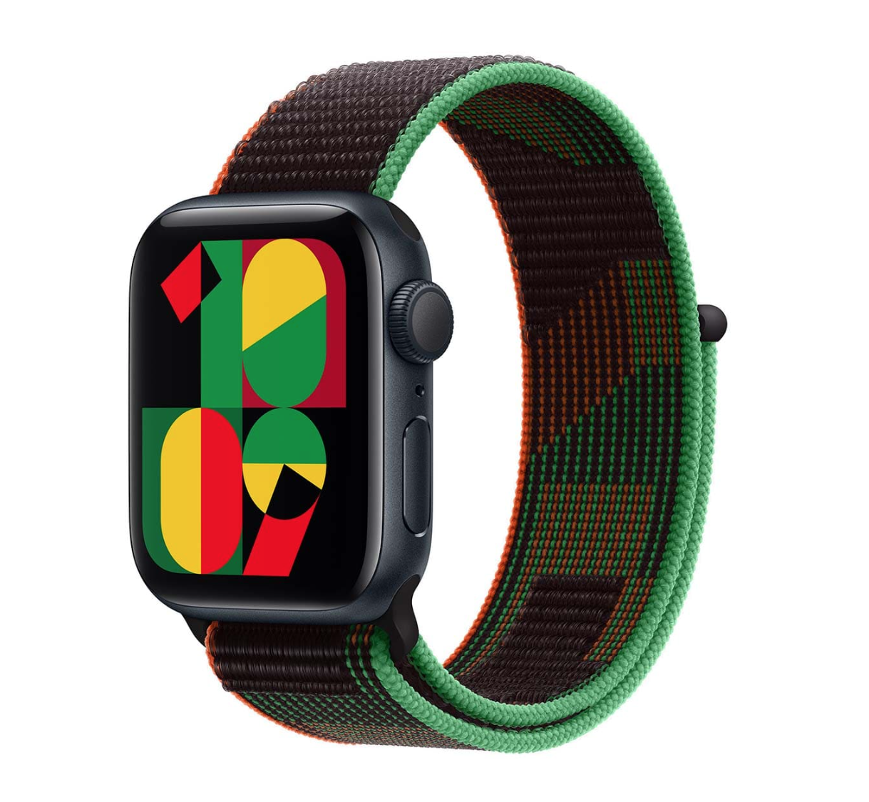 Apple Watch SE (2024), 40 мм корпус из алюминия цвета «Midnight», ремешок Sport Loop цвета «Black Unity»