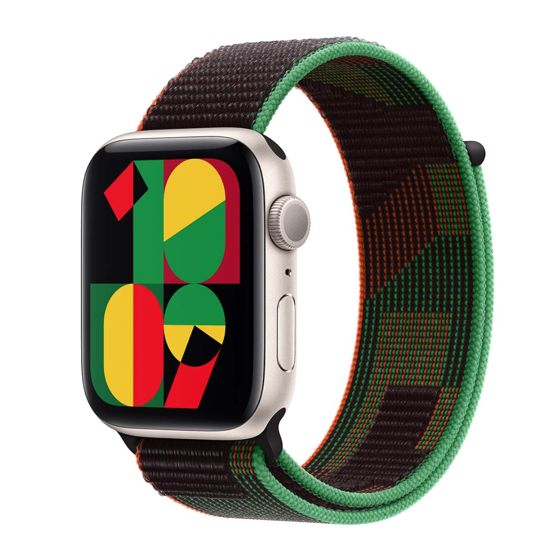 Apple Watch SE (2024), 44 мм корпус из алюминия цвета «Starlight», ремешок Sport Loop цвета «Black Unity»