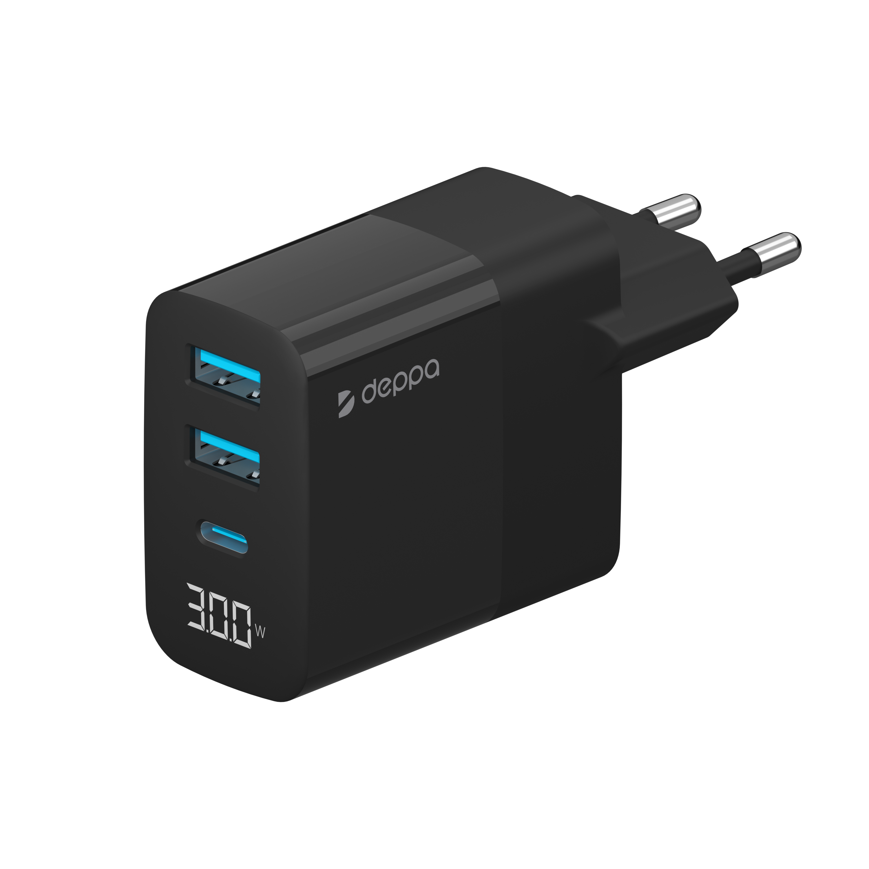 Сетевое зарядное устройство Deppa Wall Charger [2xUSB + USB-C] 30W с дисплеем, Black (11395)