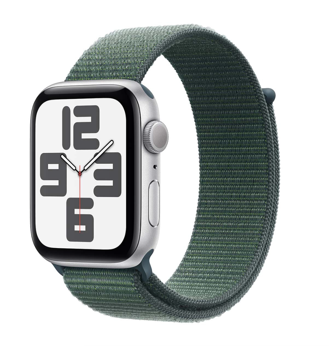 Apple Watch SE (2024), 44 мм корпус из алюминия цвета «Silver», ремешок Sport Loop цвета «Lake Green»