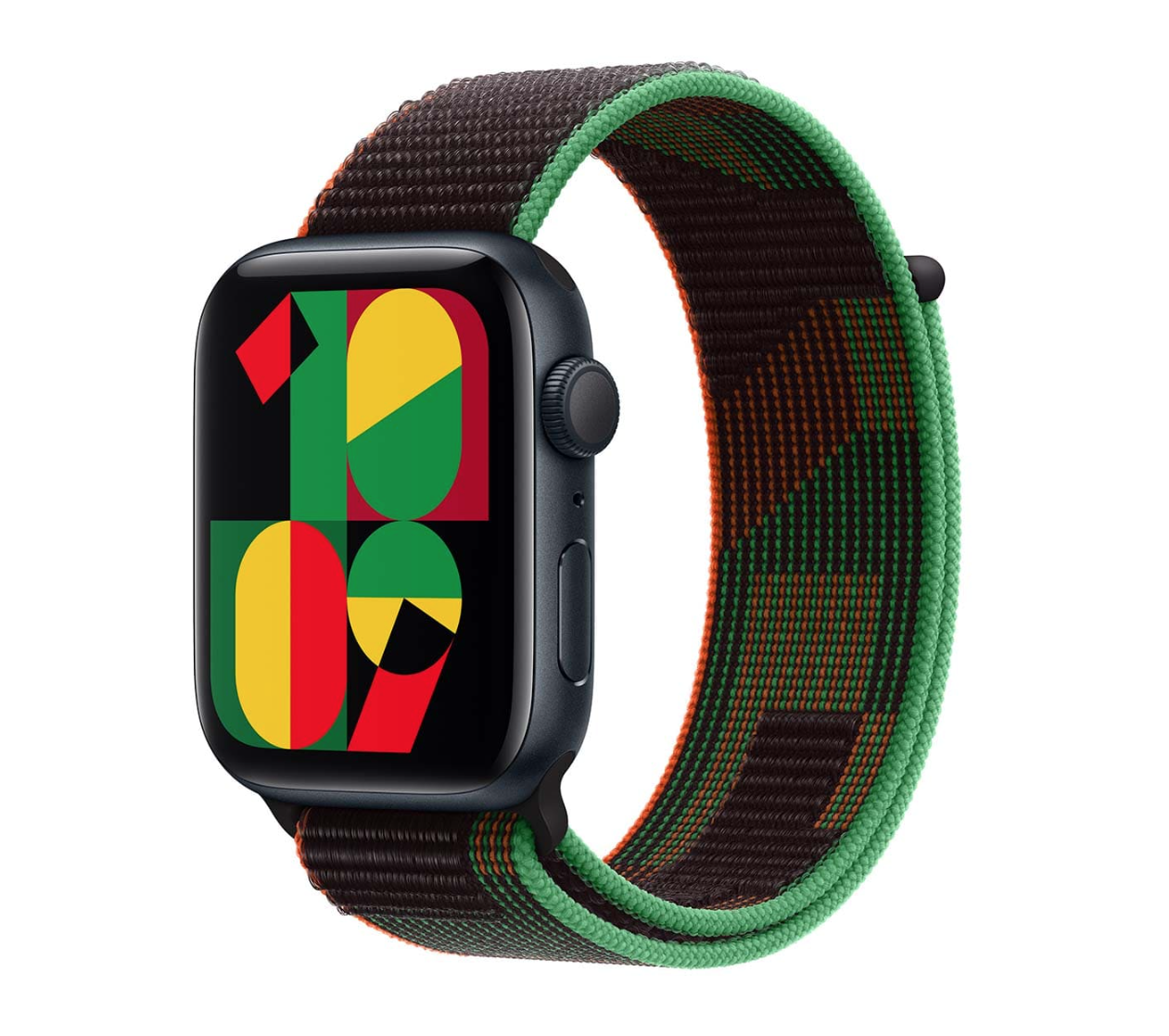 Apple Watch SE (2024), 44 мм корпус из алюминия цвета «Midnight», ремешок Sport Loop цвета «Black Unity»