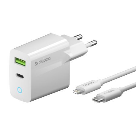 СЗУ Deppa USB-C + USB A, PD 3.0, QC 3.0, 20W, дата-кабель USB-C - Lightning (MFI), 1.2м, белый (11396)