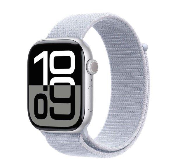 Apple Watch Series 10, 46 мм корпус из алюминия цвета «Silver», ремешок Sport Loop цвета «Blue Cloud»