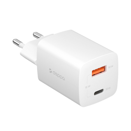 Сетевое зарядное устройство Deppa USB-C + USB A, PD 3.0, QC 3.0, GaN, 33Вт, белый (11432)