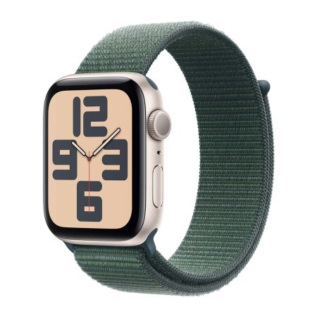 Apple Watch SE (2024), 44 мм корпус из алюминия цвета «Starlight», ремешок Sport Loop цвета «Lake Green»