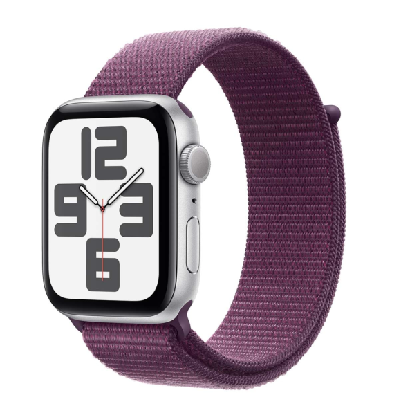 Apple Watch SE (2024), 44 мм корпус из алюминия цвета «Silver», ремешок Sport Loop цвета «Plum»