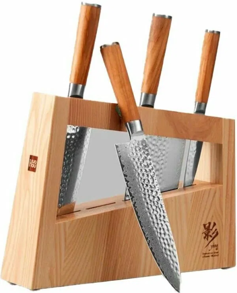 Набор кухонных ножей из дамасской стали (4 ножа + подставка) HuoHou Damascus Kitchen KnifeSet серия Ying (HU0257)