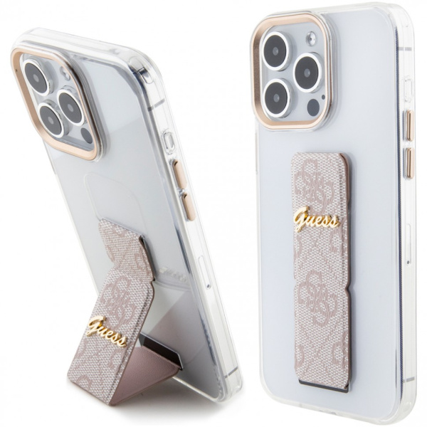 Чехол Guess GripStand PC/TPU 4G with Script metal logo Hard для iPhone 15 Pro Max, цвет Прозрачный/Розовый