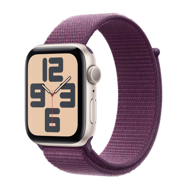 Apple Watch SE (2024), 44 мм корпус из алюминия цвета «Starlight», ремешок Sport Loop цвета «Plum»