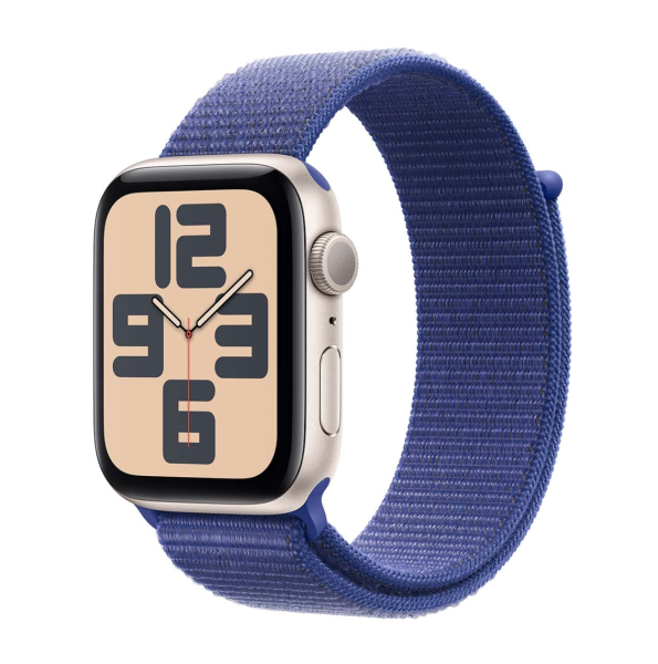 Apple Watch SE (2024), 44 мм корпус из алюминия цвета «Starlight», ремешок Sport Loop цвета «Ultramarine»