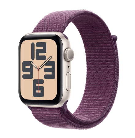 Apple Watch SE (2024), 44 мм корпус из алюминия цвета «Starlight», ремешок Sport Loop цвета «Plum»