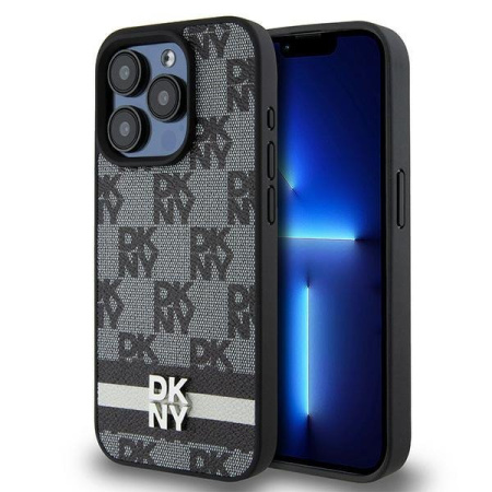 Чехол DKNY PU Checkered Printed stripes Metal logo Hard Black для iPhone 15 Pro, чёрный