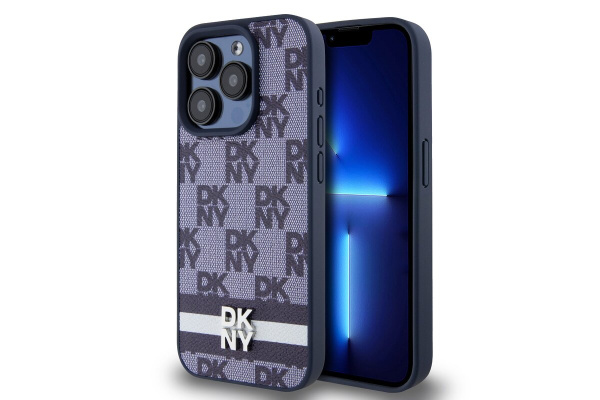 Чехол DKNY PU Checkered Printed stripes Metal logo Hard Blue для iPhone 15 Pro, синий