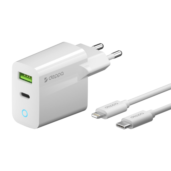 СЗУ Deppa USB-C + USB A, PD 3.0, QC 3.0, 20W, дата-кабель USB-C - Lightning (MFI), 1.2м, белый (11396)