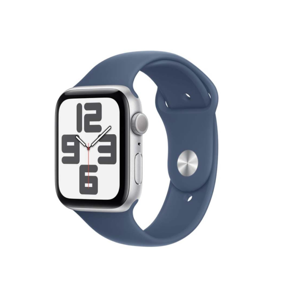 Apple Watch SE (2024), 44 мм корпус из алюминия цвета «Silver», ремешок Sport Band размера M/L цвета «Denim»