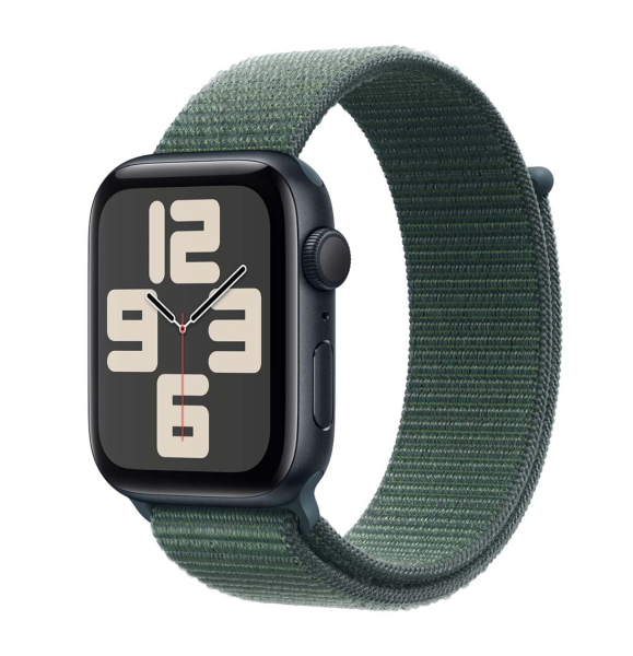 Apple Watch SE (2024), 44 мм корпус из алюминия цвета «Midnight», ремешок Sport Loop цвета «Lake Green»